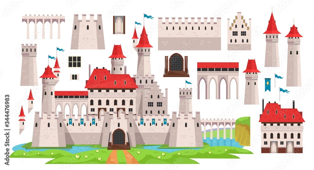 Medieval castle diy constructor for kids vector illustration. Ancient building with various details flat style. Architecture and history concept. Isolated on white background
