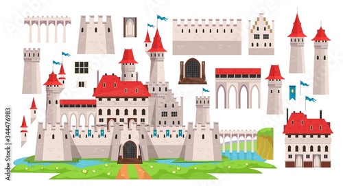 Medieval castle diy constructor for kids vector illustration. Ancient building with various details flat style. Architecture and history concept. Isolated on white background