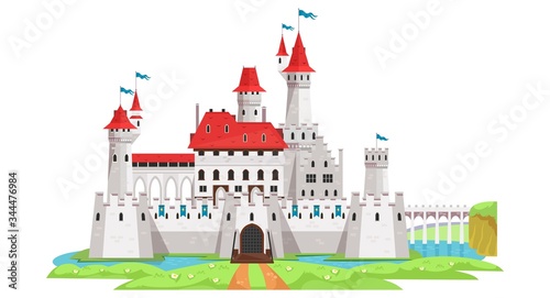 Medieval castle and tower building with landscape vector illustration. Architecture and ancient history flat style. Fantasy or fairytale palace . Isolated on white background