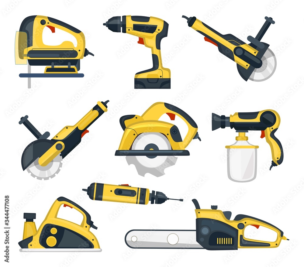 Set of yellow power tools for professional craftsman vector illustration. Instruments for handyman flat style. Renovation or construction site concept. Isolated on white background - obrazy, fototapety, plakaty 