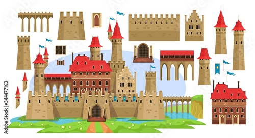 Medieval castle constructor for children vector illustration. Different details for diy flat style. History and ancient architecture concept. Isolated on white background