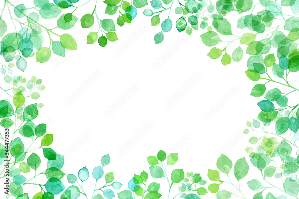 見上げた新緑、太陽光に透過し輝く枝葉の水彩イラスト、フレーム背景
