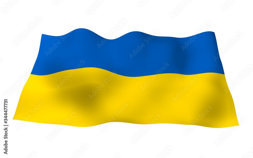 The flag of Ukraine on a white background. National flag and state ensign. Blue and yellow bicolour. 3D illustration waving flag The flag of Ukraine on a white background. National flag and state ensign. Blue and yellow bicolour. 3D illustration waving flag