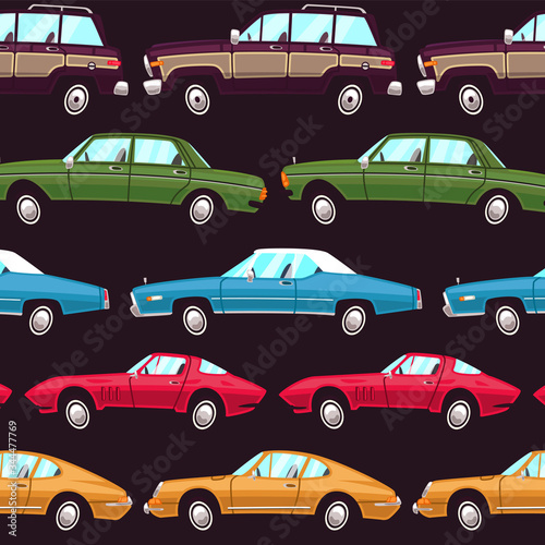 Pattern of colored cars on a brown background. Cartoon style for children's products.Different cars queuing up one after another creating a pattern. Cartoon car boy pattern