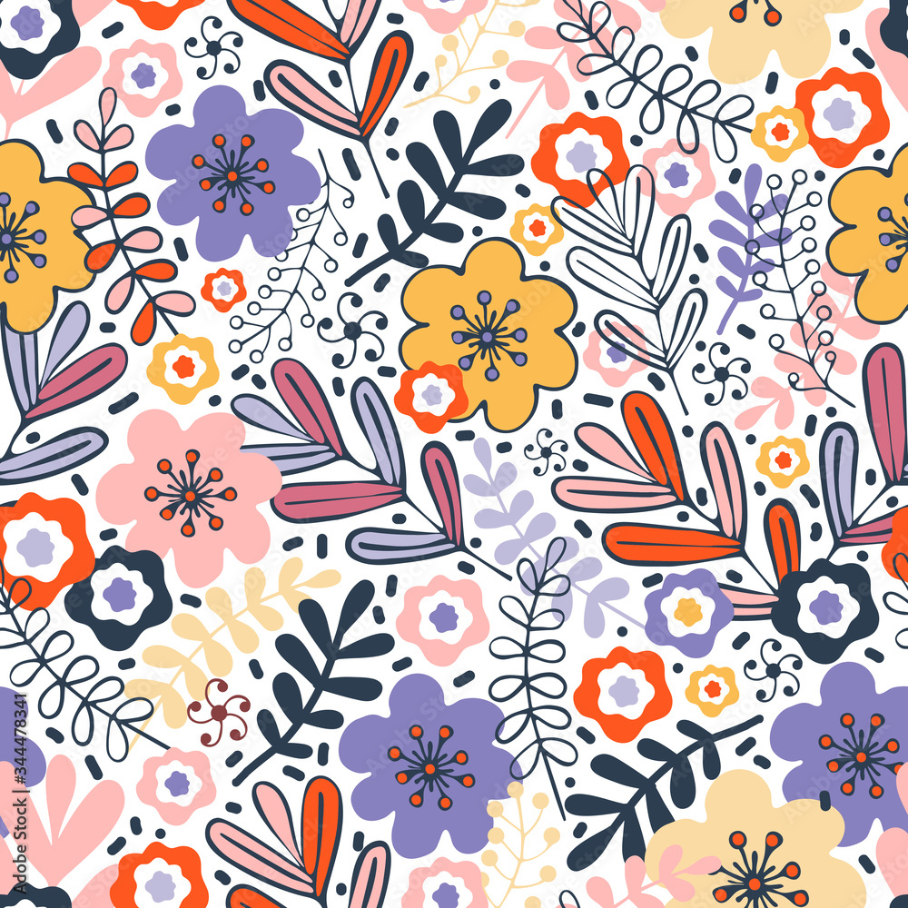 Forest and meadow flowers and grass hand drawn seamless pattern. Botanical abstract background of plants, stems, leaves, branches. Natural summer graphic design. Elegant the template for fashion print Forest and meadow flowers and grass hand drawn seamless pattern. Botanical abstract background of plants, stems, leaves, branches. Natural summer graphic design. Elegant the template for fashion print