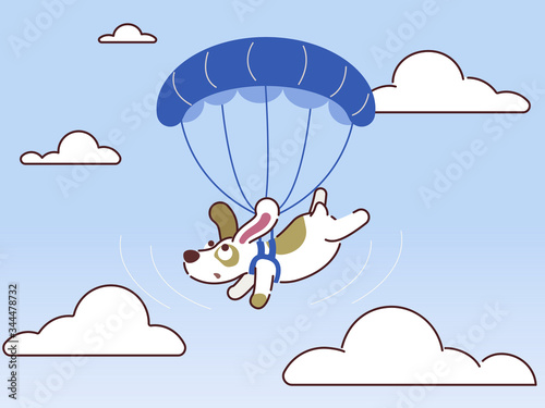 Flat line icon concept of Fast Delivery Service, Parcels Delivery. Happy cute dog are flying on parachutes. E-Commerce template. Isolated vector illustration.