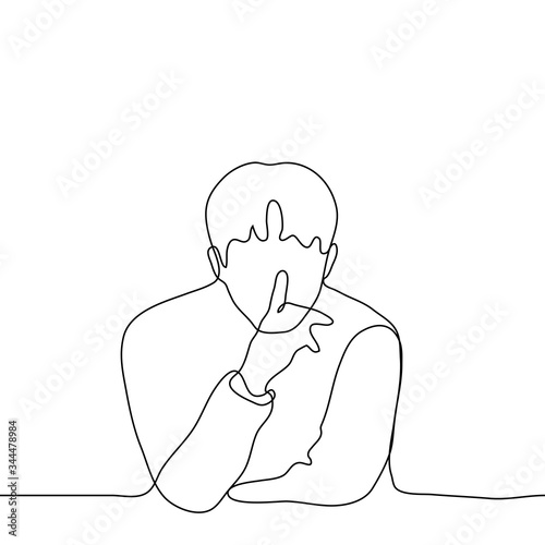 Drawing of a man leaning on his elbows, his right hand he covers his mouth, a pointing sticks out vertically from his fist. The concept of silence, keeping a secret, boycott. One continuous line art.