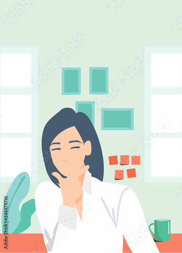 Pensive business woman in the workplace.  Vector flat style cartoon illustration
