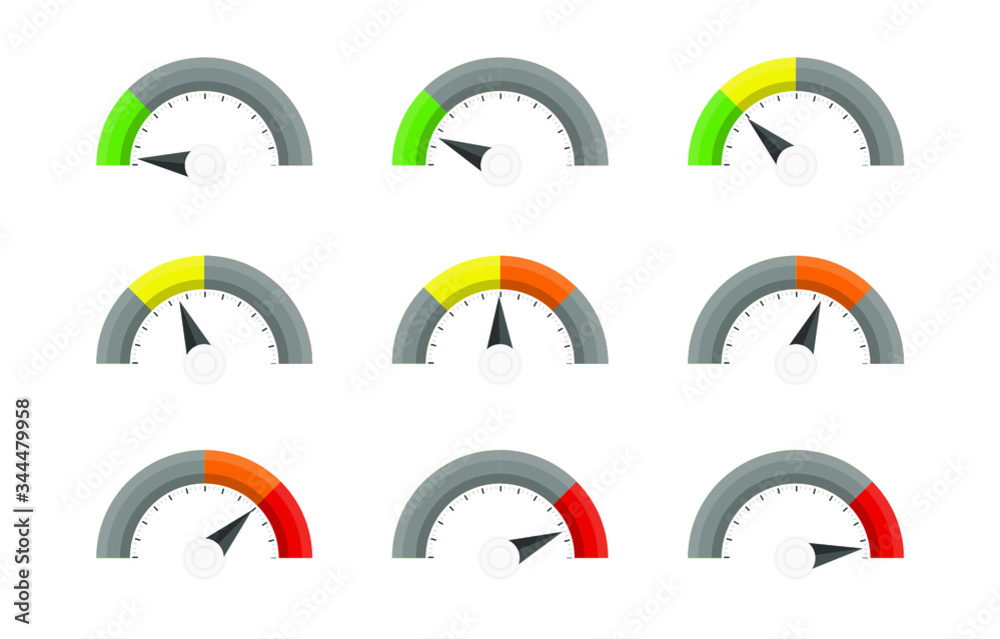 Scale, satisfaction, progress or improvement meter or indicator score level vector highlighted the focused level