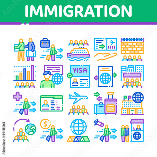Immigration Refugee Collection Icons Set Vector. Immigration Person With Baggage, Passport And Visa, Cruise Liner Voyage And Airplane Concept Linear Pictograms. Color Illustrations