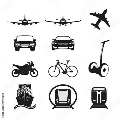 Isolated set of transportation including airplane, car, motorcycle, bicycle, Segway, ship, train. Vector from illustrator program. Grey colour.  photo