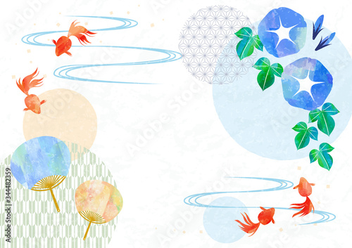 Japanese stlye frame with goldfish, fan and morning glory