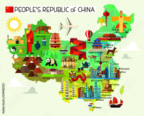 Map of China and Travel Icons.China Travel Map. Vector Illustration.