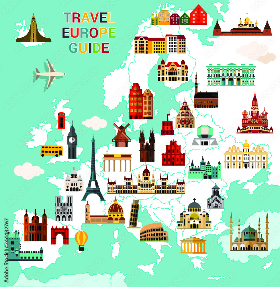 Europe Map with Famous Sightseeing. Travel Guide. Vector illustration.