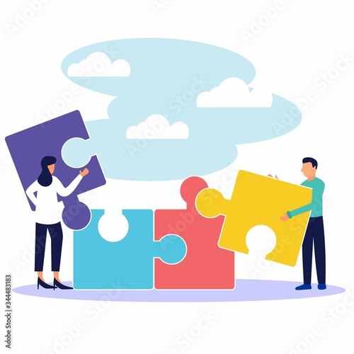 Vector illustration, teamwork together in the company, people pick up the details of the puzzle, arrange and match it. Business concept.