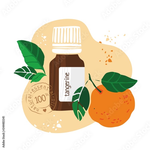 Bottle with tangerine essential oil drawn by hand on a white background. Aromatherapy, cosmetics, folk and alternative medicine. Stamp on bottle natural essential oil. Cute cartoon Vector illustration