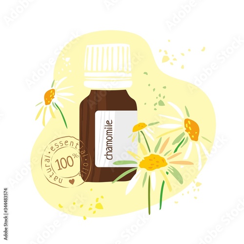 Bottle with chamomile essential oil drawn by hand on a white background. Aromatherapy, cosmetics, folk and alternative medicine. Stamp on bottle natural essential oil. Cute cartoon Vector illustration