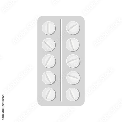 Blister with white antibiotic tablets on an isolated white background. Flat style website design, logo. Health concept of pain relief medication pain treatment, aspirin. Vector stock illustration.