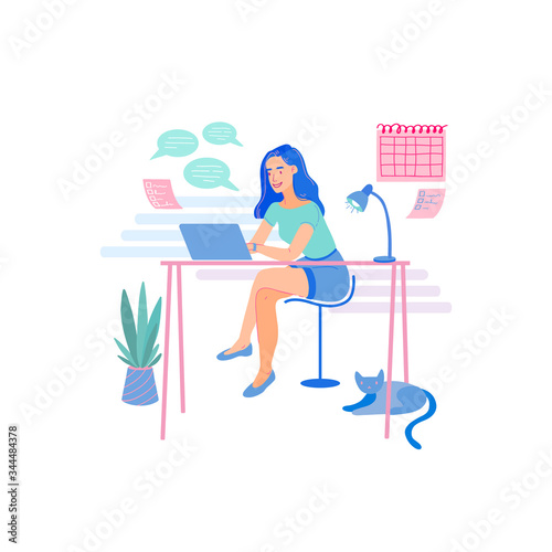 Young woman work on freelance at home interior at her desk. Girl with laptop working comfortably. Freelancer, remote job, self-employed concept. Flat cartoon vector illustration.