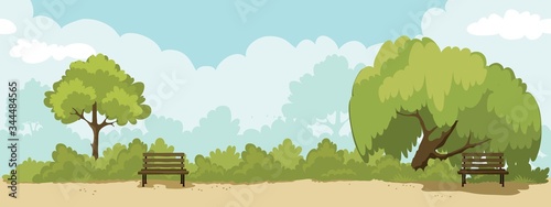 Abstract landscape -- park. Watercolor vector illustration, seamless background with trees and benches.	