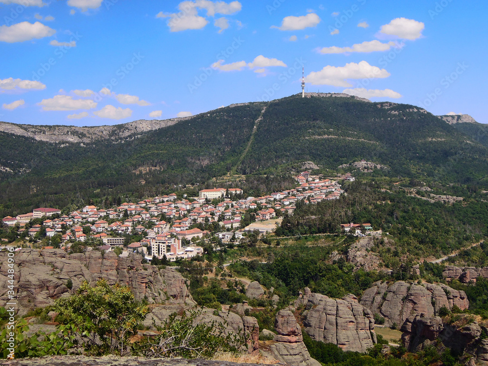 Panoramic view on to the town Belogradchik from the top of the rocks with the same title, Bulgaria