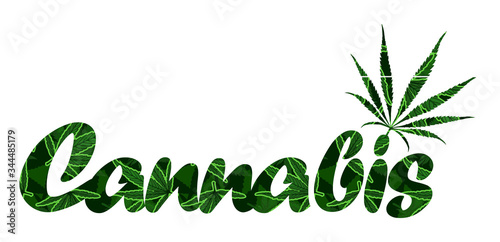 Cannabis word with background as cannabis leafs inside letters 