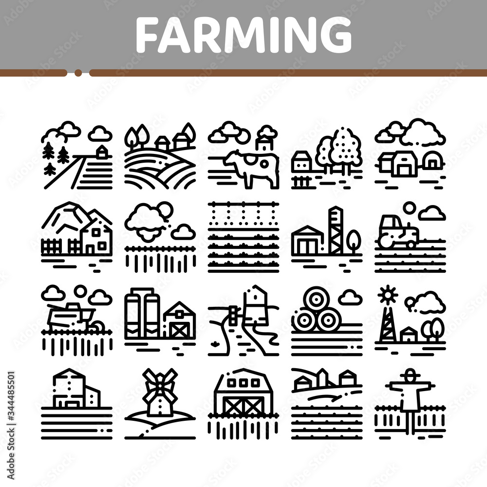 Farming Landscape Collection Icons Set Vector. Farming Field And Barn Construction, Mill And Scarecrow, Tractor And Cow Farm Animal Concept Linear Pictograms. Monochrome Contour Illustrations