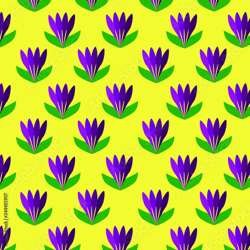  Pattern on a yellow background lilac flowers with green leaves. Print on fabric. Wallpaper. Wrapping. Business card. Invitation. Decoration for gardening.