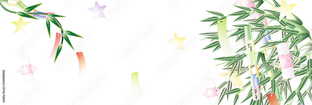 七夕の笹飾りのイラスト笹の葉や竹にあみ飾りと星のイラストバナー素材 Stock Illustration Adobe Stock