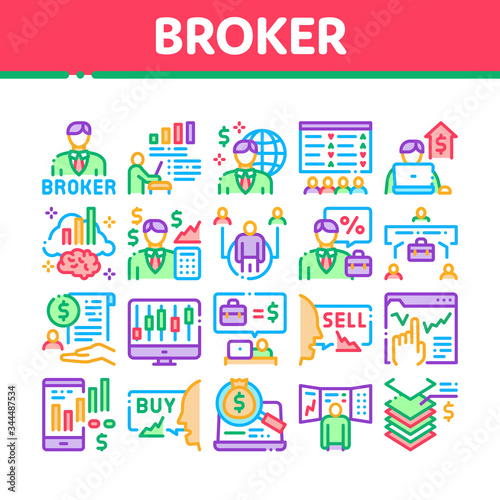 Broker Advice Business Collection Icons Set Vector. Broker Businessman And Consultant, Sell And Buy, Professional Estate Agent Concept Linear Pictograms. Color Illustrations