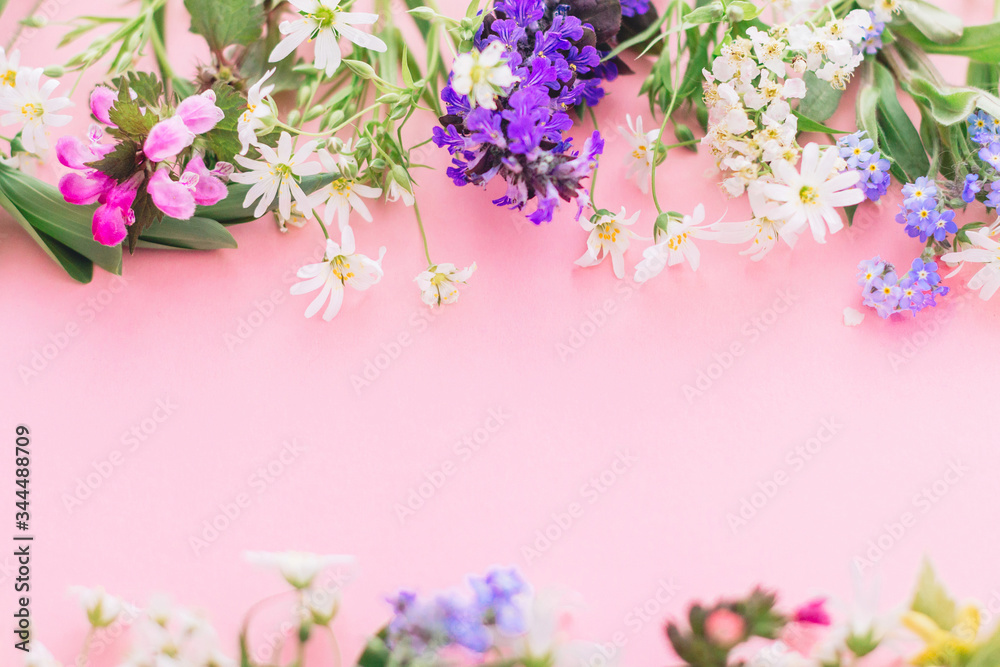 Wildflowers colorful frame on pink paper background with space for text. Blooming spring flowers, floral greeting card template. Happy Mother's day concept. Hello spring