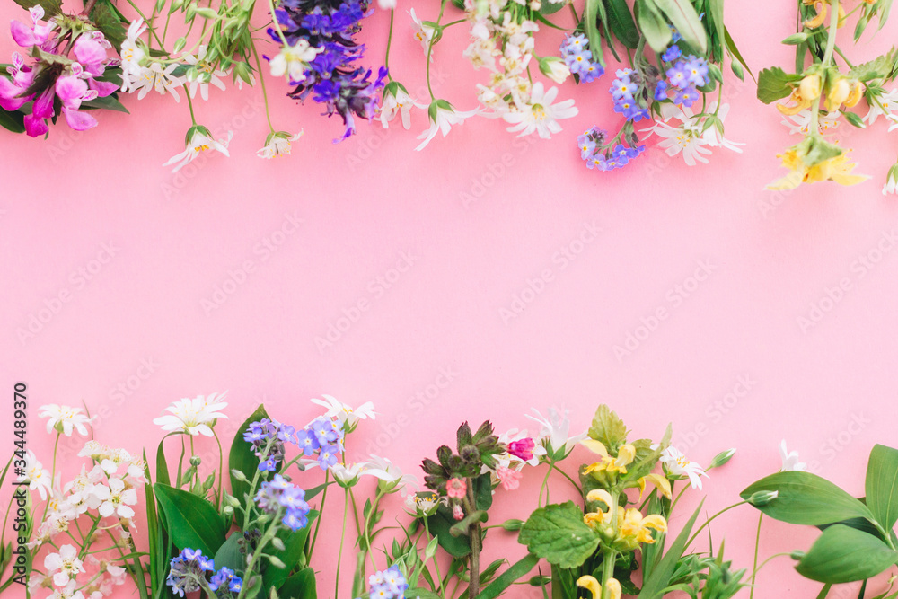 Floral flat lay frame of spring wildflowers on pink paper background, space for text. Floral greeting card template. Happy Mother's day concept. Hello spring. Blooming colorful flowers