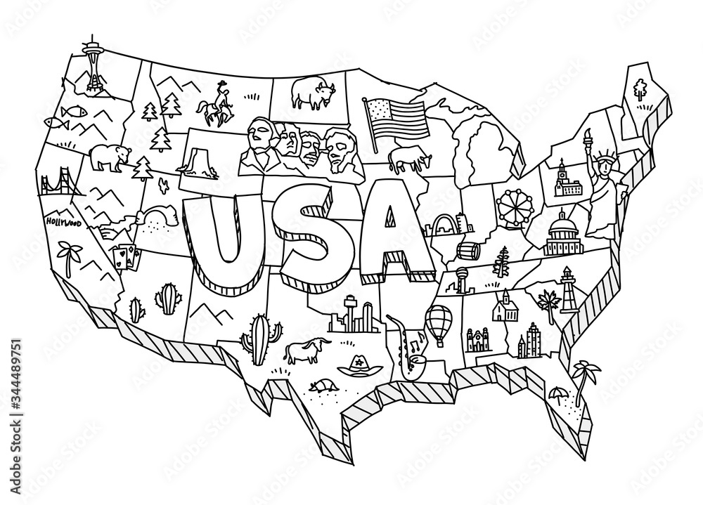 Illustrated USA map sketch. Tourist attraction. United States of America country. Freehand Illustration. Line hand-drawn vector.