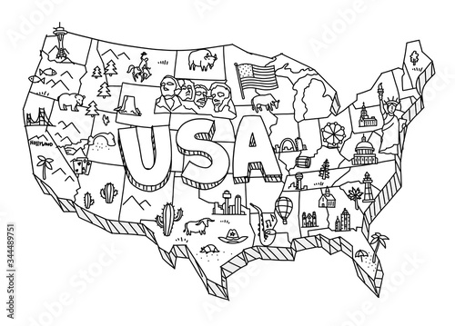 Illustrated USA map sketch. Tourist attraction. United States of America country. Freehand Illustration. Line hand-drawn vector.