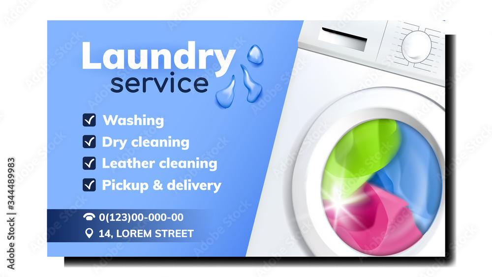Vettoriale Stock Laundry Service Advertise Promo Banner Vector. Laundry  Electronic Automatical Washing Device Filled Color Clothes. Dry And Leather  Cleaning, Pickup And Delivery Mockup Illustration | Adobe Stock