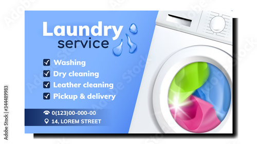 Laundry Service Advertise Promo Banner Vector. Laundry Electronic Automatical Washing Device Filled Color Clothes. Dry And Leather Cleaning, Pickup And Delivery Mockup Illustration