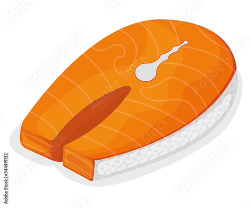 Piece fish tuna salmon, fresh minnow steak tenderloin isolated on white, cartoon vector illustration. Healthy fat seafood stuff icon, mega 3 food.