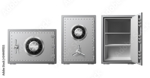 Steel safe with combination lock Isolated on a white background. Armored box. Reliable data protection. Long term savings. Protection of personal information. Vector illustration