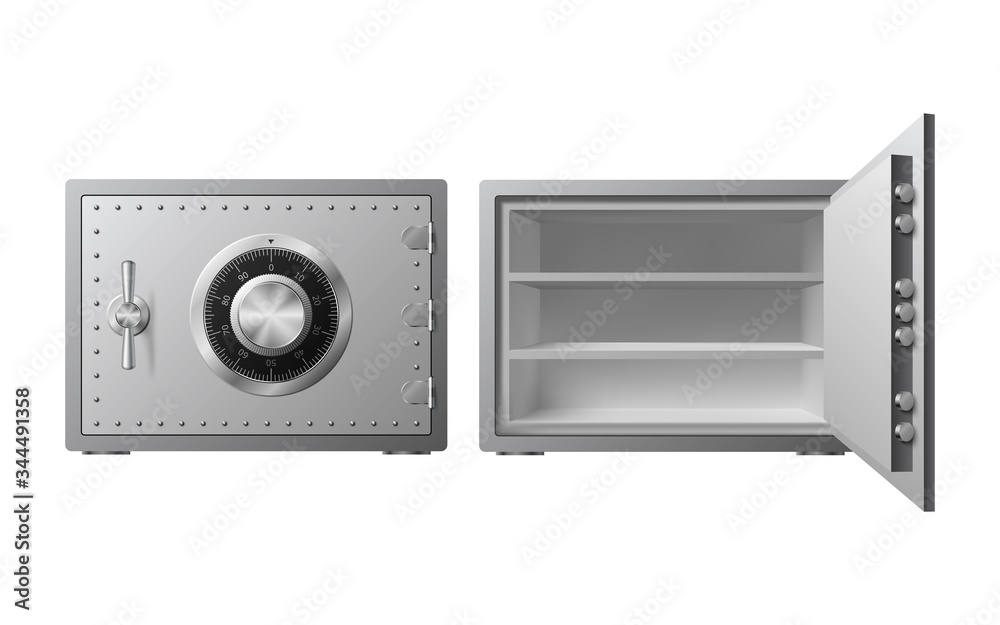 Steel safe with combination lock Isolated on a white background. Armored box. Reliable data protection. Long term savings. Protection of personal information. Vector illustration