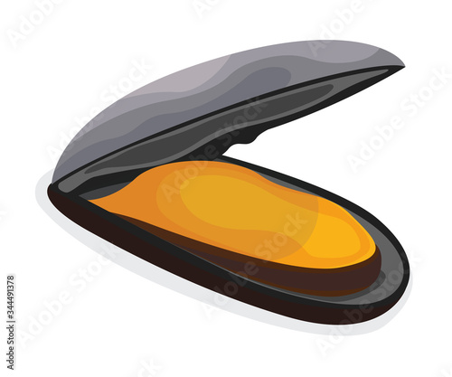 Seafood mussel, ocean delicacy food isolated on white cartoon vector illustration. Prawn for grill, asian meal concept