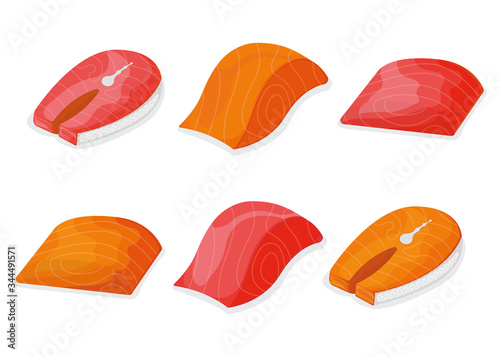 Set of piece fish tuna salmon, fresh minnow steak tenderloin isolated on white, cartoon vector illustration. Healthy fat seafood stuff icon, mega 3 food.