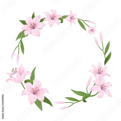 Circle floral frame with pink lilies. It can be used as an invitation card for a wedding, birthday and other holidays. Floral design or backgrounds. Vector illustration.