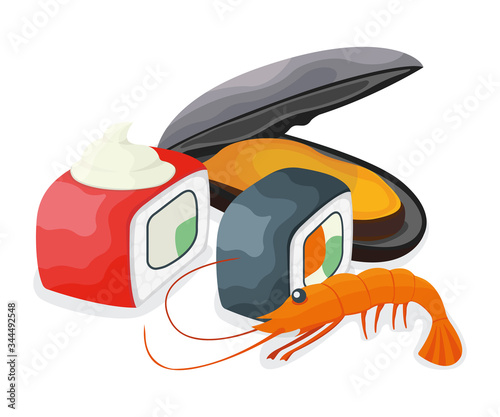 Set of piece fish salmon sushi, fresh tuna minnow with ocean mussel and shrimp isolated on white, cartoon vector illustration. Healthy seafood stuff icon.