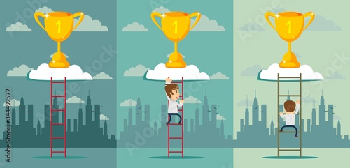 climb to trophy over clouds. Stock flat vector illustration.