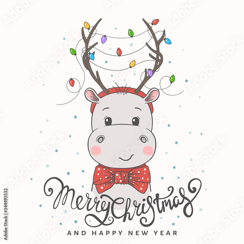 Cute little hippo with deer horns, christmas garland, bow tie. Christmas card. New Year. Season's Greetings. Vector illustration