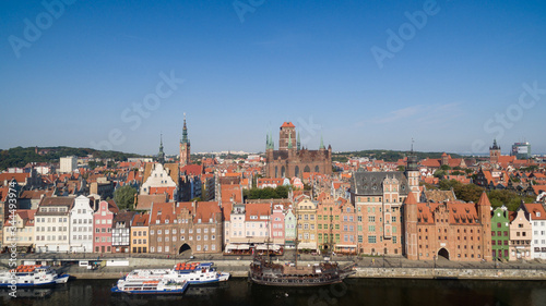 Beautiful scenery of the old town in Gdansk over Motlawa river at dawn, Poland.