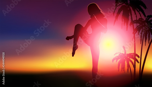 Woman makes kung fu exercise on the tropical palm beach. Sunset.  Vector image