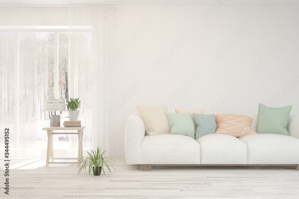 White living room with sofa. Scandinavian interior design. 3D illustration White living room with sofa. Scandinavian interior design. 3D illustration
