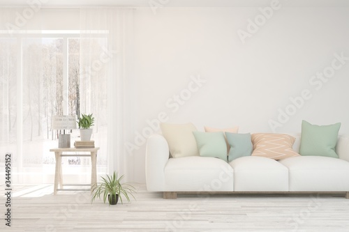 White living room with sofa. Scandinavian interior design. 3D illustration