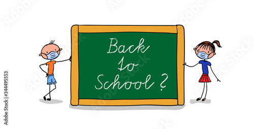 Pupils wearing face masks wanting to go back to school after easing of shutdown - re-opening schools - hand-drawn vector illustration